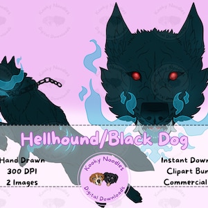 Puede incluir: Ilustración digital de un perro negro infernal con ojos rojos y llamas azules. La imagen incluye el texto "Hellhound/Black Dog", "Hand Drawn", "300 DPI", "2 Images", "Instant Download", "Clipart Bundle" y "Commercial Use".