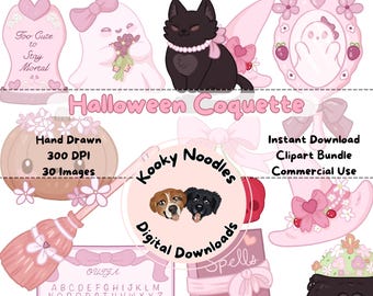 Spooky Cute Kawaii Coquette Clipart Set for Halloween Commercial Projects - Girly Pink Halloween Clip Art PNG Bundle Instant Download