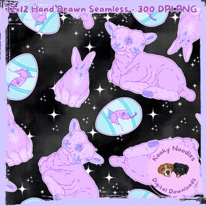 May include: Seamless digital pattern featuring lavender lambs, bunnies, and Easter eggs with a fish design, set against a black background with white star accents. The text "12x12 Hand Drawn Seamless - 300 DPI-PNG" is at the top.