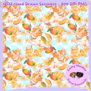 Puede incluir: Patrón sin costuras con vacas de dibujos animados, mangos y flores sobre un fondo a cuadros azul claro. Las vacas son blancas y naranjas con campanas. También se incluyen batidos y rodajas de mango.