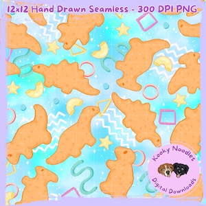 May include: A seamless digital pattern featuring orange dinosaur-shaped food items, yellow stars, and pasta shapes on a light blue background. The design includes geometric shapes and wavy lines. The text "12x12 Hand Drawn Seamless - 300 DPI PNG" is at the top.