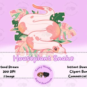 Può includere: Illustrazione digitale di un serpente con un motivo rosa e bianco, avvolto attorno a foglie verdi e rosa. Il testo "Houseplant Snake" è sotto. Testi aggiuntivi: "Hand Drawn", "300 DPI", "1 Image", "Instant Download", "Clipart Bundle" e "Commercial Use".