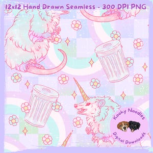 May include: A digital pattern featuring pastel-colored possums, trash cans, and flowers on a checkered background with rainbow arcs and sparkles. Text at the top reads 12x12 Hand Drawn Seamless - 300 DPI PNG. A circular logo shows two dogs.