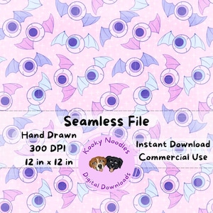 Creepy Cute Pastel Goth Bat Wing Eyes Seamless Pattern File, Spooky Cute Halloween Repeating Pattern PNG for Commercial Use 300 DPI