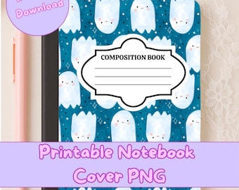 Printable Composition Notebook Cover for Kids PNG Cute Halloween Sheet Ghosts Back to School Hand Drawn Instant Download