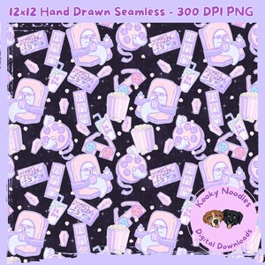 Puede incluir: Patrón digital sin costuras con un fantasma en una butaca de cine, palomitas de maíz, rollos de película y entradas. El diseño incluye el texto "Zombie Fingers" y "Be 300". La paleta de colores es rosa pastel, morado y azul sobre fondo negro.