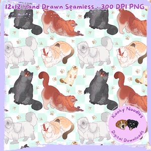 May include: A repeating pattern of stylized cats in various poses and colors, including gray, orange, white, and tan. The background is a light green with paw prints. The image includes the text "12x12 Hand Drawn Seamless - 300 DPI PNG" and a logo for "Kooky Noodles Digital Downloads."