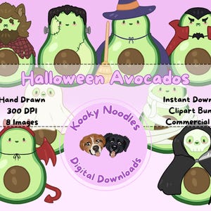Puede incluir: Un paquete de imágenes prediseñadas digitales con ocho personajes de aguacate disfrazados con disfraces de Halloween. Los personajes incluyen un hombre lobo, Frankenstein, una bruja, un vampiro, un fantasma, una momia, un diablo y la parca. Se muestra el texto "Halloween Avocados".