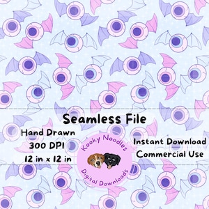 Creepy Cute Pastel Goth Bat Wing Eyes Seamless Pattern File, Spooky Cute Halloween Repeating Pattern PNG for Commercial Use 300 DPI