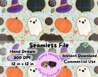 Hand Drawn Fall Halloween Sugar Cookie Seamless Pattern File, Spooky Cute Dessert Repeating Pattern PNG for Commercial Use 300 DPI