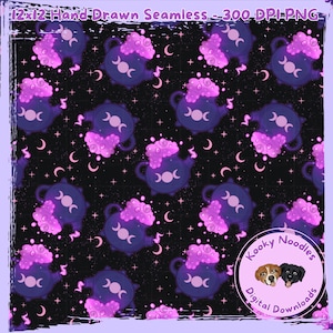 May include: Seamless pattern featuring dark blue teapots with crescent moon designs and fluffy purple clouds. The background is black with white stars and crescent moons. The text "12x12 Hand-Drawn Seamless 300 DPI PNG" is at the top.