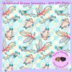 May include: A seamless digital pattern featuring whimsical, cartoonish creatures with dragonfly wings in shades of orange, blue, and peach. The background is a light blue and yellow checkered pattern. Text at the top reads "12x12 Hand Drawn Seamless - 300 DPI PNG".