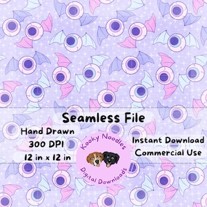 Creepy Cute Pastel Goth Bat Wing Eyes Seamless Pattern File, Spooky Cute Halloween Repeating Pattern PNG for Commercial Use 300 DPI