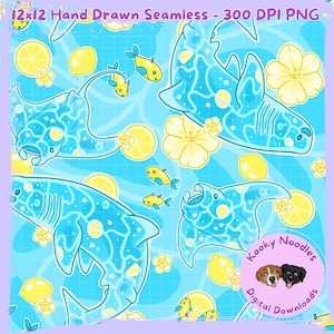 May include: A seamless digital pattern featuring cartoon manta rays, sharks, yellow fish, lemons, and flowers on a light blue background. The design includes the text "12x12 Hand Drawn Seamless - 300 DPI PNG" and a logo with two dogs and the words "Kooky Noodles Digital Downloads".