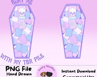 Bookish Skeleton in Coffin Clipart PNG for Commercial Use- Pastel Bury Me With My TBR Pile Digital Sticker Instant Download