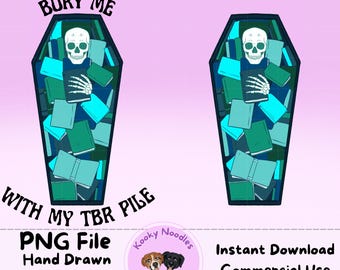 Bookish Skeleton in Coffin Clipart PNG for Commercial Use- Bury Me With My TBR Pile Digital Sticker Instant Download