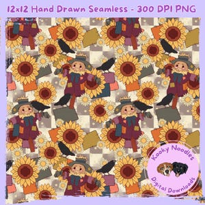 May include: A seamless digital pattern featuring scarecrows, sunflowers, and crows. The design includes sunflowers with yellow petals and brown centers, scarecrows in purple coats, and black crows. The text at the top reads "12x12 Hand Drawn Seamless - 300 DPI PNG".