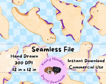 PB&J 恐竜シームレスパターン、ピーナッツバターとジェリーのシームレスパターン（商用利用可）手描き 300 DPI