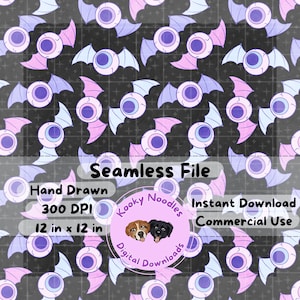 Creepy Cute Pastel Goth Bat Wing Eyes Seamless Pattern File, Spooky Cute Halloween Repeating Pattern PNG for Commercial Use 300 DPI
