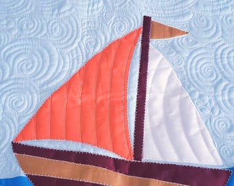 Handmade Twin Size Quilt – Nautical Sailboat Theme, Ocean Waves & Coastal Decor, Measures 63" x 81" - Free Shipping, ready to ship