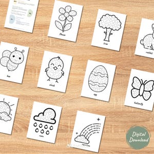 May include: A set of 10 printable dot-to-dot activity sheets featuring various spring-themed images, including a bee, chick, egg, butterfly, flower, tree, sun, rain cloud, rainbow, and rabbit. Each image is outlined with dots for children to connect.