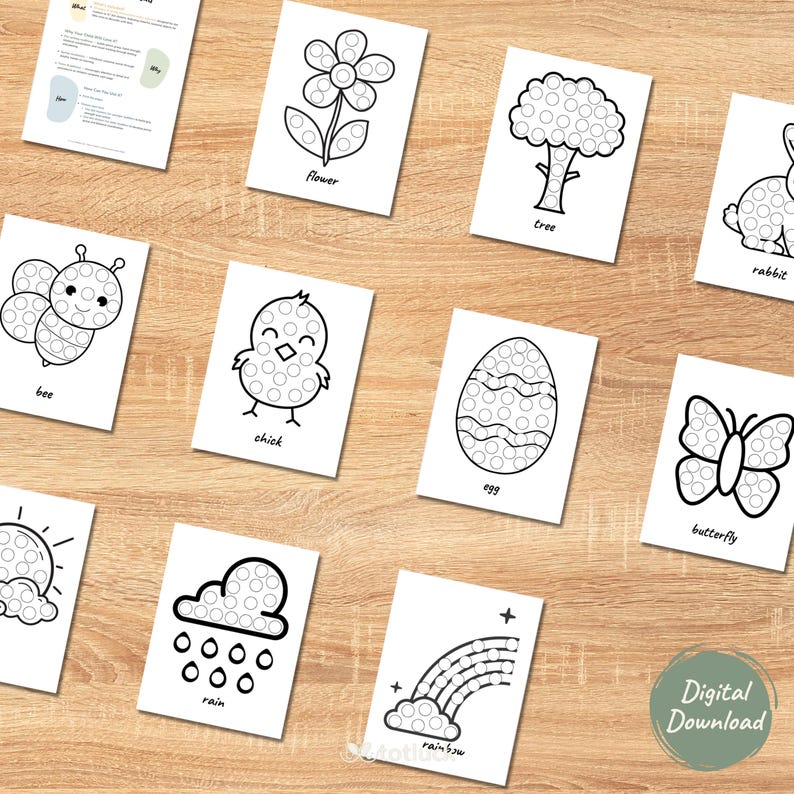 May include: A set of 10 printable dot-to-dot activity sheets featuring various spring-themed images, including a bee, chick, egg, butterfly, flower, tree, sun, rain cloud, rainbow, and rabbit. Each image is outlined with dots for children to connect.