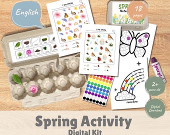 ENGLISH Spring Activity Digital Kit Printable Fine Motor, Counting, and Sensory Activities for Toddlers, Dot It, I Spy, Nature Hunt