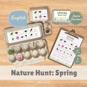 Búsqueda del tesoro de primavera en inglés, juego de búsqueda del tesoro de primavera imprimible para niños, actividad al aire libre, juego de búsqueda del tesoro con cartones de huevos