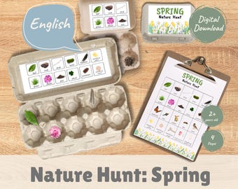 ENGLISH Nature Hunt Spring, Printable Spring Scavenger Hunt for Kids, Outdoor Nature Activity, Egg Carton Scavenger Hunt Game