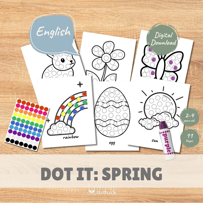 May include: A printable dot-to-dot activity book for children featuring spring-themed images such as a rainbow, egg, butterfly, flower, and sun. The book includes 11 pages and is recommended for children aged 2-4.