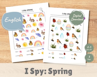 Veo veo primavera, Veo veo primavera imprimible, Actividad de conteo para niños pequeños, Juego de matemáticas preescolar, Hojas de trabajo para encontrar y contar