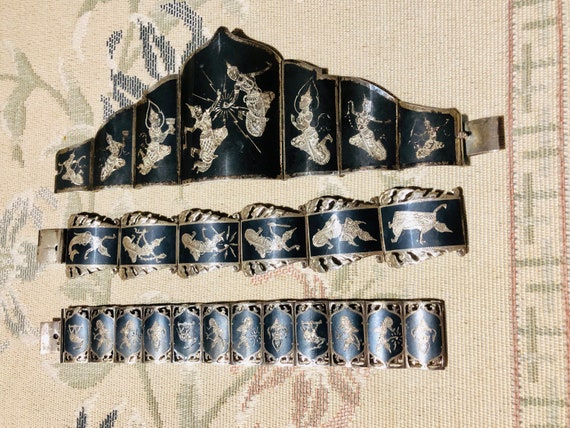 Siam, 3 Sterling Silver Bracelets, Nielloware, Ni… - image 1