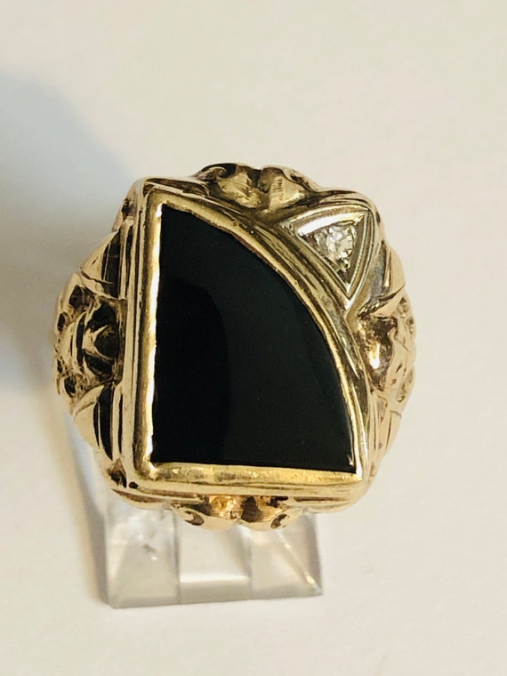 Black onyx, diamond, 10kt yellow gold, art noveau 