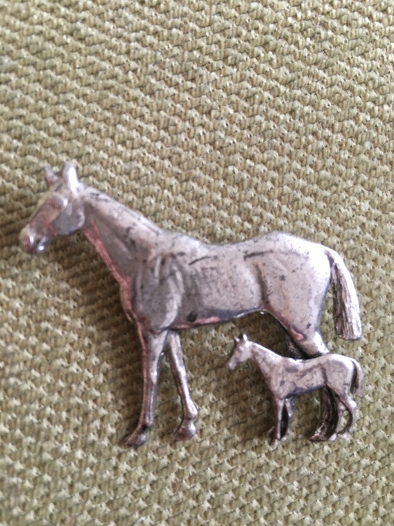 Sterling silver horse pin/brooch, mare with colt, 