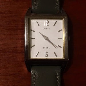 Guess watch, rectangle, quartz, grey leather, original band, wristwatch, vintage