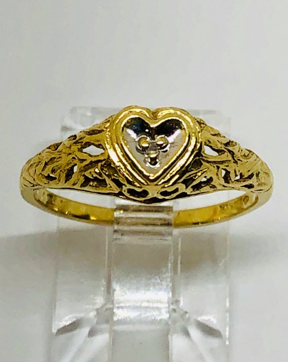 14kt heart shape gold diamond ring, vintage, hear… - image 1