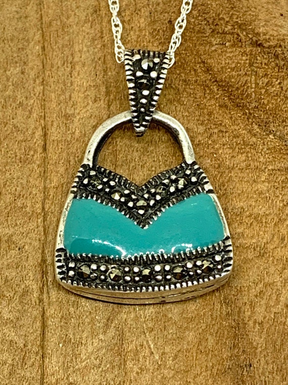 Purse charm, pendant, necklace, marcasite, coral … - image 1