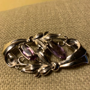 Amethyst, February birthstone, pin, brooch, floral, sterling ,  vintage, faceted stones, purple, lavender