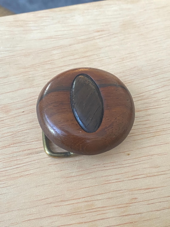 Vintage belt buckle, 1970’s, exotic wood, new old stock from classic leather shop, hand-crafted, for 1 1/2” belt.