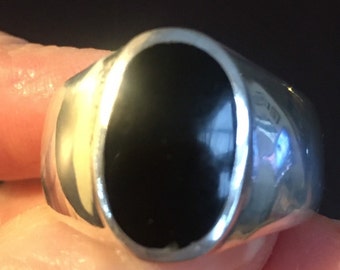 Black onyx, flat top, gents ring, vintage, 925, sterling silver, signet type ring, hallmark