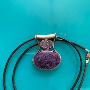 Sajen, sterling, leather necklace, 925, druzy,        Russian, charoite, sterling lobster clasp, vintage, large, pendant