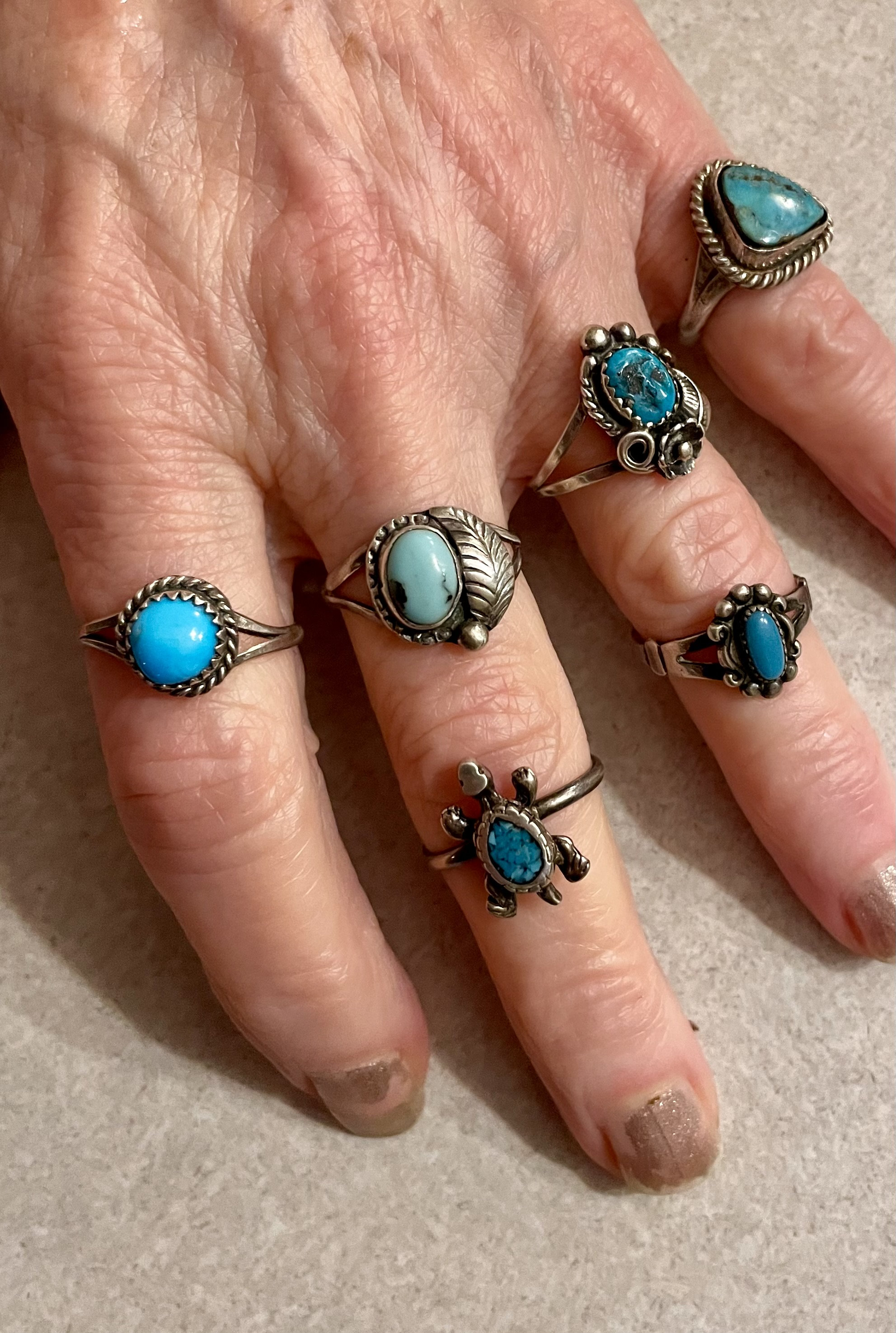 Turquoise And Silver Rings, Native American, southwestern, 1970’s, size 4.5,6.5,7.8.8.9, sold as a group of 6.