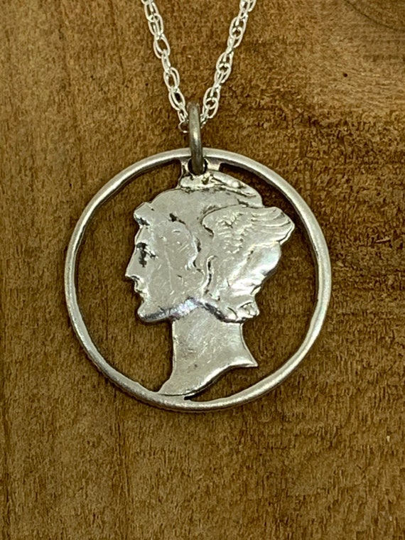 Dime, hand cut, coin silver, pendant, necklace - image 1