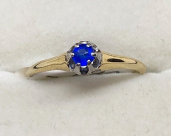Cornflower blue sapphire, 18kt antique ring, yellow gold with white gold or platinum head, belcher setting, september birthstone, sz 7 1/2,