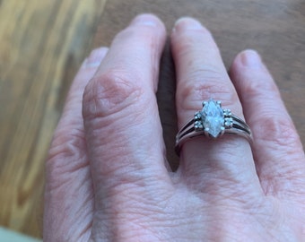 Cubic zirconia ring, sterling silver, 925, marquis center, round side stones ,size 7, vintage.