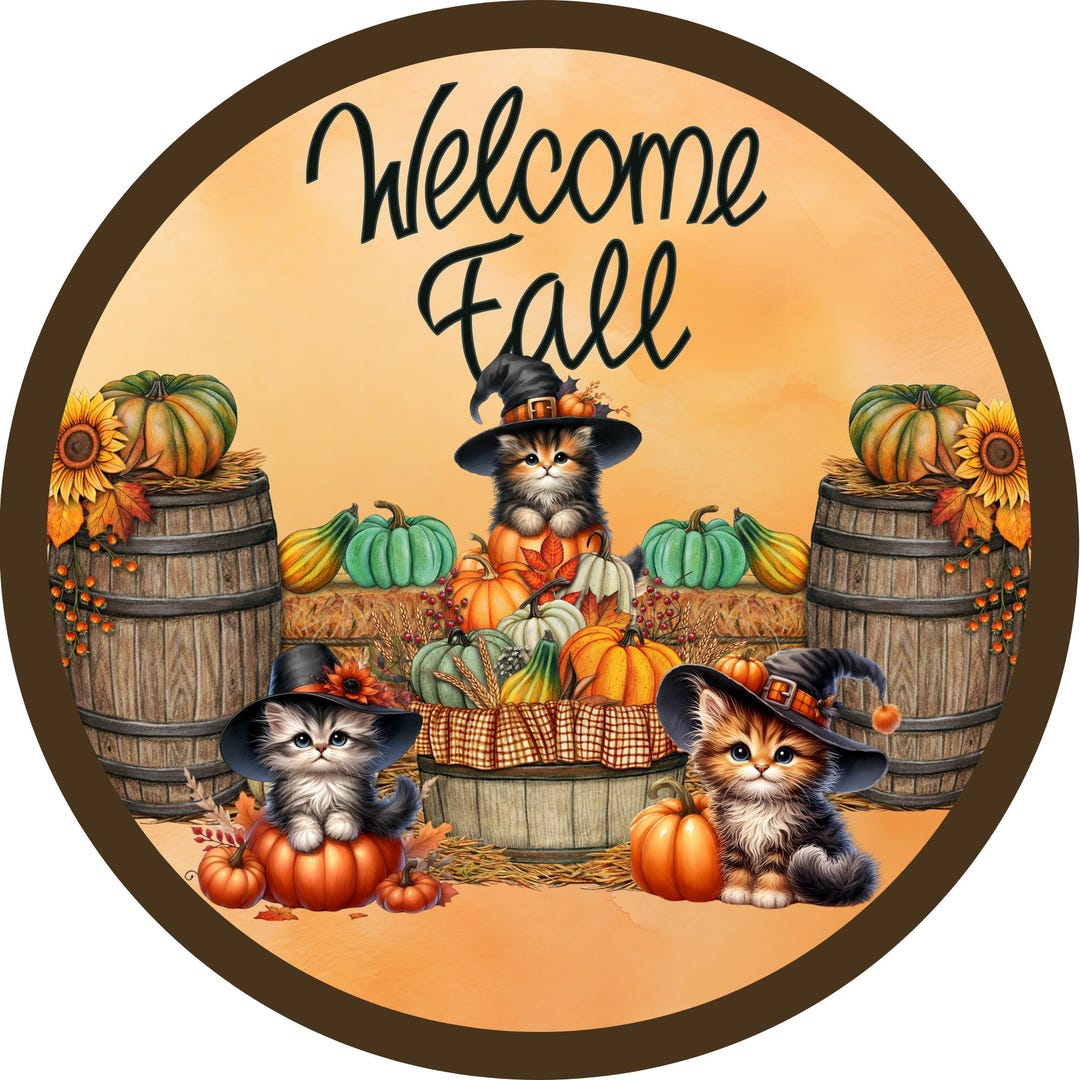 Welcome Fall Kitten Metal Wreath Sign – Autumn Pumpkin Cat Decor ...