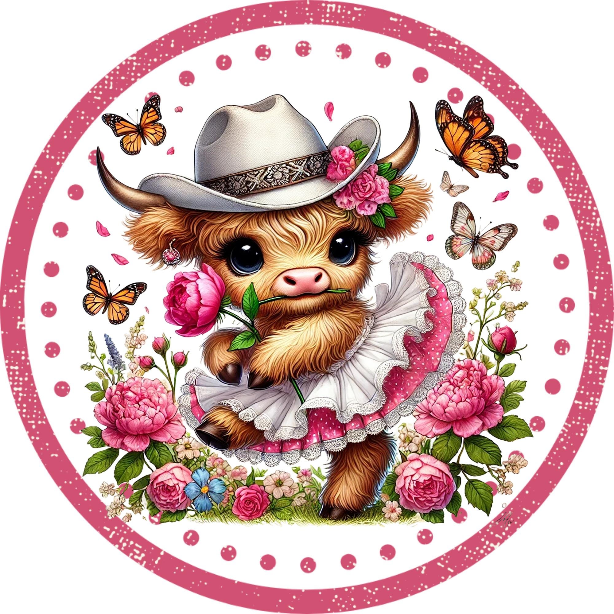 Cute Highland Cow Metal Wreath Sign | Baby Cow Tutu Door Hanger | Pink ...