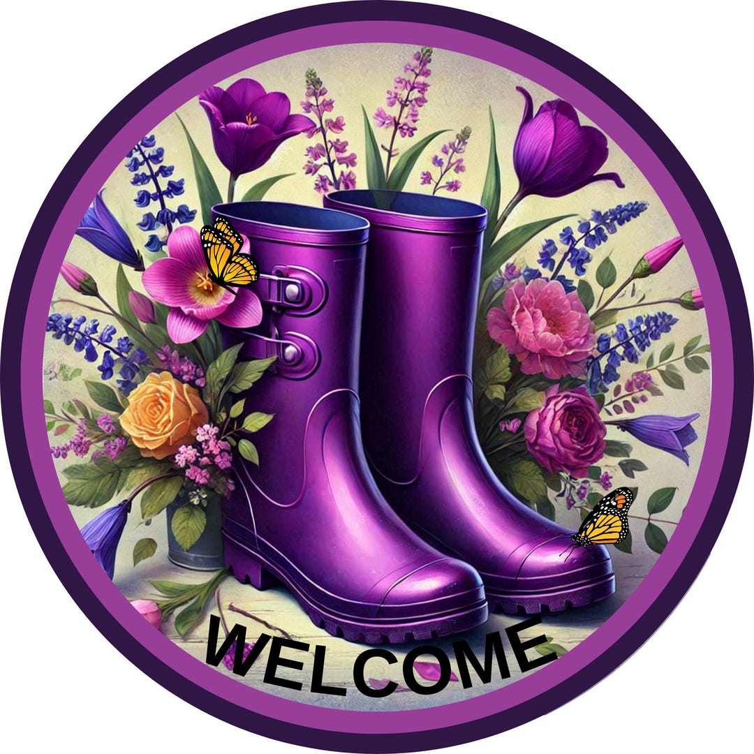 Spring Sign, Summer Sign, Floral Sign, Rainboots, Purple Rainboots ...