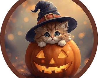 May include: A cute kitten wearing a witch hat sits inside a carved orange pumpkin. The pumpkin has a smiling face with glowing eyes and teeth. The kitten has brown and white fur and big blue eyes. The background is a blurred, warm color.