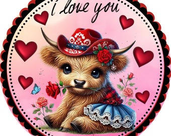 Valentine Highland Cow Metal Sign Highland Cow Wreath Sign Cute Farmhouse  Decor